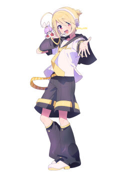 1boy 1girl :d ahoge arm_warmers belt black_sailor_collar black_shorts blonde_hair character_request chibi closed_mouth commentary_request cosplay full_body hair_ribbon headset highres hotori_tadase kagamine_len kagamine_len_(cosplay) leg_warmers looking_at_viewer mini_person minigirl necktie open_mouth outstretched_arm pink_hair red_eyes ribbon sailor_collar serizawa_serizane shoes short_hair shorts shugo_chara! simple_background smile standing twitter_username vocaloid white_background white_ribbon white_shoes yellow_belt yellow_necktie