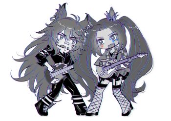 2girls absurdres animal_ear_fluff animal_ear_piercing animal_ears ankle_boots arm_belt bandaid bandaid_on_face bandaid_on_nose bass_guitar belt belt_buckle blazer boots breasts buckle checkered_clothes checkered_jacket chibi cleavage collared_jacket corset crown dark-skinned_female dark_skin determined dress ear_through_crown earrings facial_mark facial_tattoo fang fingerless_gloves fishnet_thighhighs fishnets forehead fur_scarf gloves greyscale guitar hair_between_eyes halloween_costume happy high_heels highres hishi_amazon_(baring_fangs_refrain)_(umamusume) hishi_amazon_(umamusume) hoop_earrings horse_ears horse_girl hwipa_(param_blue) instrument jacket jewelry lace-up_boots lapels leather leather_jacket leather_pants long_hair long_sleeves looking_at_another mini_crown monochrome multiple_belts multiple_girls music narita_brian_(apoyando_of_the_roar)_(umamusume) narita_brian_(umamusume) notched_lapels official_alternate_costume open_mouth pants playing_guitar playing_instrument ribbed_thighhighs shoe_belt short_dress simple_background sleeve_cuffs smile spot_color standing star_(symbol) star_tattoo tattoo teardrop_tattoo thighhighs twintails umamusume very_long_hair werewolf_costume whisker_markings white_background