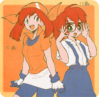 Rule 34 | 2girls, asagi marin, brigadoon, crossover, eyelashes, glasses, gloves, green eyes, lowres, may (pokemon), multiple girls, nintendo, open mouth, orange background, orange theme, pokemon, pokemon rse, shirt, short sleeves, shorts, skirt, suspender skirt, suspenders, white gloves, white shirt, yuza