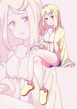 1girl absurdres blonde_hair blush breasts collarbone colored_eyelashes denim denim_shorts hair_ornament hairclip highres idolmaster jacket jewelry long_hair looking_at_viewer neferkitty orange_eyes parallel_hairclips robe shinosawa_hiro shirt shorts simple_background skinny solo thighs white_robe