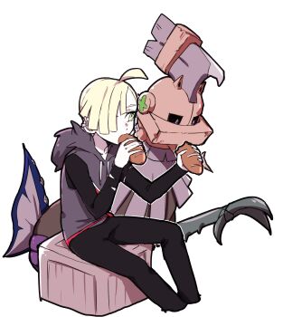 ahoge bad_id bad_twitter_id black_pants black_shirt blonde_hair box bread commentary ear_piercing eating english_commentary feeding feet_out_of_frame food from_side gen_7_pokemon gen_8_pokemon gladion_(pokemon) grey_hoodie hair_over_one_eye highres holding hood hoodie legendary_pokemon long_sleeves nintendo one_eye_covered pants piercing pokemon pokemon_(creature) pokemon_sm shirt simple_background sitting sleeveless sleeveless_hoodie tsu_(lovesick1964) type:_null white_background wooden_box yellow_eyes