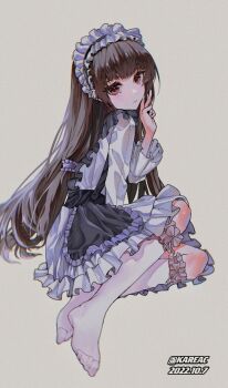 1boy apron artist_name black_apron blush brown_eyes brown_hair closed_mouth crossdressing crossdressing_(mtf) dated dress eyelashes feet frilled_apron frilled_sleeves frilled_socks frills full_body grey_background hand_up kareac long_hair long_sleeves looking_at_viewer maid maid_apron maid_headdress male_focus male_maid no_shoes on_ground original sitting socks solo toes trap twitter_username v very_long_hair white_dress white_socks yokozuwari
