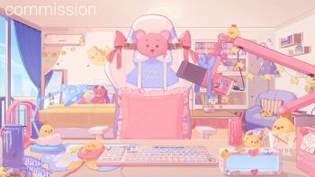 absurdres air_conditioner bed bedroom bird bookshelf can chair chicken commission computer_keyboard computer_mouse curtains desk_lamp drink_can gaming_chair highres indoors lamp lounge_chair ma_someru microphone_stand mirror monster_energy mousepad_(object) no_humans original pastel_colors pillow scenery stuffed_animal stuffed_toy swivel_chair