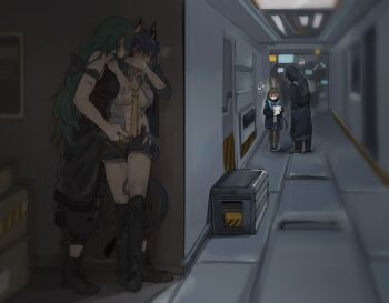 1other 3girls ? amiya_(arknights) animal_ears arknights bare_shoulders blush breasts ch&#039;en_(arknights) chinese_commentary commentary_request covering_own_mouth doctor_(arknights) dragon_horns greyscale hair_between_eyes hand_in_panties hand_under_clothes hand_under_shorts holding holding_paper hood hooded_jacket horns hoshiguma_(arknights) jacket long_hair long_sleeves monochrome multiple_girls necktie open_clothes open_jacket panties pants pantyhose paper rabbit_ears shirt shorts sidelocks single_horn skirt sleeveless stealth_sex tail underwear xbox_ox yuri