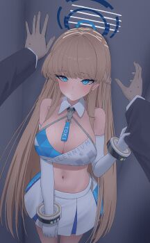 1girl alternate_costume blonde_hair blue_archive blue_halo braid breasts cheerleader clothes_grab crop_top half_up_braid halo highres hip_focus in_locker large_breasts long_hair looking_at_viewer maji_(majidesu3) millennium_cheerleader_outfit_(blue_archive) multicolored_hair pov skindentation skirt sleeve_grab solo_focus sports_bra streaked_hair sweat text_print toki_(blue_archive) two-tone_skirt two-tone_sports_bra white_skirt