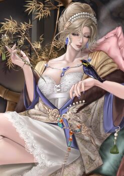 1girl bird bird_on_hand blonde_hair chlzi156543 closed_eyes cowboy_shot crossed_legs dress hands_up hashtag-only_commentary highres holding holding_smoking_pipe jewelry light_smile path_to_nowhere pearl_hair_ornament pillow short_dress sitting smoking_pipe solo vautour_bleu_(path_to_nowhere) white_dress