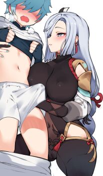 1boy 1girl age_difference aunt_and_nephew black_gloves blue_eyes blue_gloves blue_shirt blush bodysuit braid breasts brown_bodysuit bulge cameltoe chongyun_(genshin_impact) clothes_lift clothes_pull clothing_cutout covered_erect_nipples covered_navel elbow_gloves erection erection_under_clothes fingerless_gloves genshin_impact gloves hair_ornament hair_over_one_eye handjob handjob_under_clothes hetero highres hip_vent incest large_breasts layered_clothes long_hair long_sleeves low-braided_long_hair low-tied_long_hair navel ndgd onee-shota open_mouth pants pants_pull parted_lips partially_fingerless_gloves puffy_long_sleeves puffy_sleeves shenhe_(genshin_impact) shirt shirt_lift short_hair shota shoulder_cutout silver_hair smile squatting tassel thighs very_long_hair white_shirt
