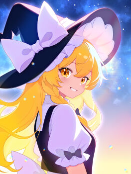 1girl absurdres black_hat black_vest blonde_hair bow braid from_side grin hat hat_bow highres kirisame_marisa long_hair looking_at_viewer portrait qing_zhanglao shirt short_sleeves side_braid sky smile solo star_(sky) starry_sky touhou vest white_bow white_shirt witch_hat yellow_eyes