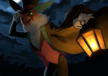 Rule 34 | 1boy, absurdres, black pants, bow, buttons, cloud, coat, commentary request, dress shoes, forest, full moon, fur collar, gloves, glowing, glowing eye, grin, hat, hat tip, highres, holding, holding lantern, jack-o'-lantern, jack-o'-lantern head, lantern, looking at viewer, moon, nature, night, object head, open clothes, open coat, original, outdoors, pants, pumpkin, red vest, scar, scar on face, sharp teeth, simple background, sky, smile, solo, teeth, top hat, trench coat, utanagi 00, vest, white background, white gloves, wind