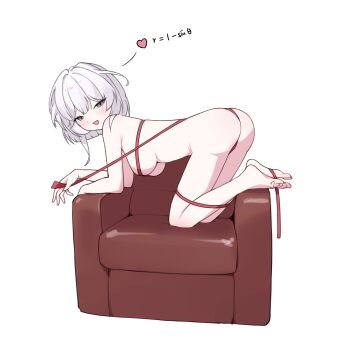 1girl absurdres all_fours ass barefoot breasts character_request commentary_request completely_nude copyright_request couch from_side full_body grey_eyes grey_hair heart highres korean_commentary large_breasts looking_at_viewer looking_to_the_side math naked_ribbon nude on_couch open_mouth red_ribbon ribbon selectionchoco short_hair simple_background smile solo turning_head white_background