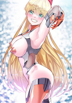 1girl aino_minako arion_canvas armpits ass bishoujo_senshi_sailor_moon blonde_hair blue_eyes blush breasts eyes_visible_through_hair from_side highres large_breasts long_hair looking_at_viewer nipples sailor_venus teeth very_long_hair