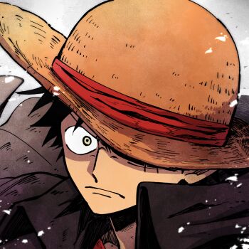 1boy black_coat black_hair close-up closed_mouth coat collared_shirt facial_scar hat highres looking_at_viewer m_(user_gjgn8588) male_focus monkey_d._luffy official_alternate_costume one_eye_covered one_piece one_piece:_strong_world outdoors portrait red_shirt scar scar_on_cheek scar_on_face serious shirt short_hair snow solo straw_hat upper_body