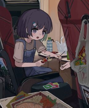2girls absurdres airplane_interior bag blue_overalls bottle child food hair_ornament hairclip highres holding holding_food multiple_girls open_mouth original overalls plastic_bag pocky purple_eyes reflection short_sleeves sitting solo_focus tray twitter_username uno_(game) wanigumo window