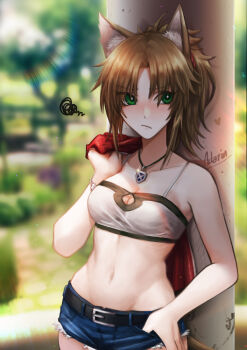 1girl :/ absurdres adarin alternate_breast_size animal_ears belt black_belt blurry blurry_background breasts brown_hair camisole cat_ears cleavage commentary crop_top fate/apocrypha fate_(series) glint green_eyes hand_in_pocket highres hip_bones holding holding_jacket holding_unworn_clothes jacket jacket_over_shoulder jewelry kemonomimi_mode lens_flare lowleg lowleg_shorts medium_breasts mordred_(fate) mordred_(memories_at_trifas)_(fate) navel necklace short_shorts shorts signature solo squiggle unworn_jacket upper_body white_camisole