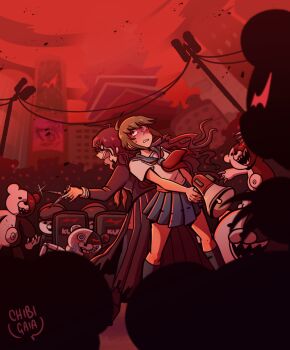 Rule 34 | 2girls, ahoge, artist name, back-to-back, ball monokuma, beast monokuma, black socks, black thighhighs, blue sailor collar, blue skirt, building, chibigaia, city, claws, collared shirt, commentary, danganronpa (series), danganronpa another episode: ultra despair girls, english commentary, eyelashes, fukawa toko, genocider sho, glasses, glint, green hair, grin, guard monokuma, holding, holding megaphone, holding scissors, holding shield, holding weapon, junk monokuma, long hair, long skirt, long sleeves, long tongue, megaphone, messy hair, monokuma, multiple girls, naegi komaru, navel, neckerchief, necktie, open mouth, outdoors, purple hair, purple shirt, purple skirt, red neckerchief, red necktie, red sky, riot shield, sailor collar, school uniform, scissors, serafuku, sharp teeth, shield, shirt, short hair, short sleeves, skirt, sky, smile, socks, surrounded, sweatdrop, tactical clothes, teeth, thighhighs, tongue, tongue out, torn clothes, torn neckerchief, torn skirt, upper teeth only, utility pole, weapon, white shirt