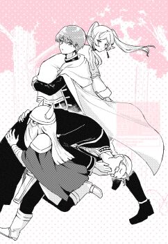 1girl 3boys beard black_boots black_robe blunt_ends boots capelet carrying_over_shoulder cloak commentary_request covering_own_mouth dwarf earrings eisen_(sousou_no_frieren) elf facial_hair fake_horns frieren glasses hair_between_eyes hair_slicked_back heiter helmet highres himmel_(sousou_no_frieren) horned_helmet horns jacket jewelry long_hair mole mole_under_eye monochrome multiple_boys parted_bangs pointy_ears robe running semisemimin short_hair sousou_no_frieren twintails white_boots white_capelet white_cloak white_jacket