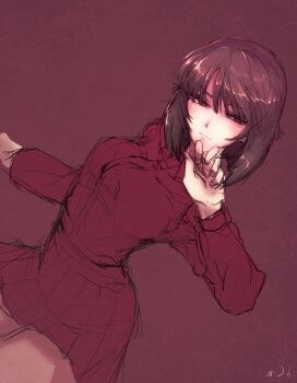 Rule 34 | 1girl, blush, breasts, brown eyes, brown hair, clenched hands, cowboy shot, girls und panzer, hair between eyes, highres, kuromorimine military uniform, large breasts, long sleeves, looking to the side, mityubi, nishizumi maho, pleated skirt, red background, red shirt, shirt, short hair, signature, simple background, skirt, solo, solo focus