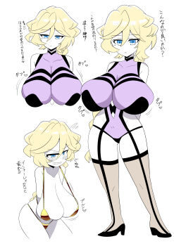 1girl bikini blonde_hair blue_eyes blush bodysuit bouncing_breasts braid braided_ponytail breasts carol_malus_dienheim clenched_teeth gold_bikini hanging_breasts long_hair multiple_views open_mouth pikumin64 sagging_breasts senki_zesshou_symphogear simple_background swimsuit teeth thighhighs white_background