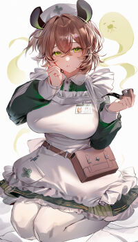 1girl absurdres animal_ears apron breasts brown_bag brown_hair closed_mouth dress fang green_dress hat highres holding holding_smoking_pipe indie_virtual_youtuber large_breasts looking_at_viewer medium_hair naplings_(nimi_nightmare) nimi_nightmare nimi_nightmare_(1st_costume) nurse_cap panties shibuya_(kurokamishain) skin_fang smoking_pipe solo tapir_ears tapir_girl underwear virtual_youtuber white_apron white_hat white_panties