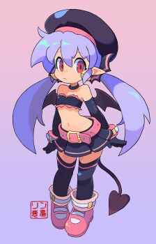 absurdres beret commentary demon_horns demon_tail demon_wings elbow_gloves english_commentary gloves hat highres horns maoh_(rin_nightmare) pleated_skirt purple_hair red_eyes rin_nightmare skirt strapless tail thighhighs tube_top twintails wings