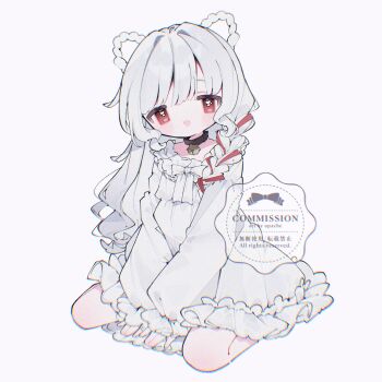 1girl :d bell black_collar braid braided_hair_rings collar commentary commission dress frilled_dress frills full_body hair_ribbon hair_rings highres long_hair long_sleeves looking_at_viewer neck_bell open_mouth original red_eyes red_ribbon ribbon simple_background single_braid sitting smile solo symbol-only_commentary upa_papa_co wariza white_background white_dress white_hair