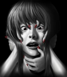 Rule 34 | 1girl, black background, commentary request, fingernails, highres, horror (theme), kuro kosyou, long fingernails, long hair, looking at viewer, monochrome, nail polish, open mouth, original, out of frame, realistic, red nails, simple background, upper body