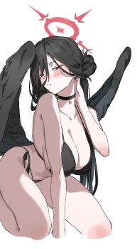 1girl absurdres bikini black_bikini black_hair black_wings blue_archive blush breasts halo hand_on_own_neck hashtag-only_commentary hasumi_(blue_archive) hasumi_(swimsuit)_(blue_archive) highres long_hair red_eyes red_halo solo soya_(torga) swimsuit white_background wings
