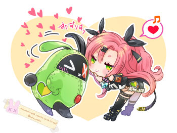 >_o 1girl amillion_(zenless_zone_zero) bangboo_(zenless_zone_zero) bent_over black_ribbon black_shoes black_shorts black_thighhighs blush breasts chibi closed_mouth clothing_cutout commentary_request cutoffs earrings from_side full_body fur-trimmed_shorts fur_trim green_eyes hair_ornament hairclip hand_on_own_chin hand_on_own_hip heart heart_background heart_earrings heart_necklace jewelry large_breasts long_hair looking_at_viewer micro_shorts mole mole_under_eye motion_lines musical_note necklace nicole_demara one_eye_closed pink_hair qoo1234 ribbon shoes shorts shoulder_cutout single_thighhigh smile spoken_heart spoken_musical_note strapless thighhighs torn_clothes torn_thighhighs tube_top two_side_up white_background white_tube_top zenless_zone_zero