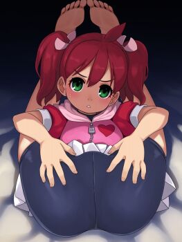1girl ahoge barefoot bike_shorts blush bow crotch_seam feet green_eyes hair_bow highres hood hood_down hooded_jacket jacket legs_behind_head loli looking_at_viewer lying on_back on_bed paid_reward_available pink_bow pleated_skirt red_hair saru_getchu sayaka_(saru_getchu) short-sleeved_jacket short_sleeves skirt solo stupa13a sweatdrop twintails white_skirt zipper zipper_pull_tab