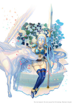Rule 34 | 1girl, amao miyuki, armor, azura (fire emblem), azura (lady of the sky) (fire emblem), blue gloves, blue hair, boots, breastplate, breasts, chest guard, closed eyes, closed mouth, double-parted bangs, elbow gloves, english text, falling petals, fingerless gloves, fire emblem, fire emblem fates, fire emblem heroes, gloves, hair between eyes, hashtag-only commentary, headdress, headpat, highres, holding, holding polearm, holding weapon, jewelry, lance, long hair, necklace, nintendo, official alternate costume, pauldrons, pegasus, pendant, petals, polearm, short sleeves, shoulder armor, sitting, skinny, small breasts, smile, solo, thigh boots, thighs, tunic, twintails, twitter username, very long hair, weapon, white headdress, white tunic, yellow eyes
