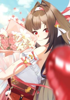 1girl absurdres animal_ear_fluff animal_ears armband balloon bare_shoulders birthday blue_sky blurry blurry_foreground blush bouquet brown_hair chanshin0095 closed_eyes cloud commentary droopy_ears english_commentary flower frilled_armband frilled_shirt frilled_shirt_collar frills from_side hairband high-waist_skirt highres holding holding_bouquet long_hair looking_at_viewer multicolored_hairband official_alternate_costume outdoors pink_flower red_bag red_eyes red_hairband red_skirt shirt skirt sky smile solo upper_body very_long_hair white_armband white_flower white_hairband white_shirt ye_shunguang ye_shunguang_(touch_of_dawnlight) zenless_zone_zero