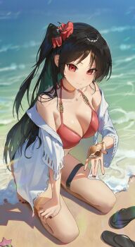 Rule 34 | 1girl, bare shoulders, barefoot, beach, bikini, black hair, black nails, blush, breasts, choker, cleavage, closed mouth, collarbone, commentary, day, flip-flops, full body, hair ornament, hair scrunchie, hayahbyeol, highres, holding, holding seashell, kneeling, large breasts, long hair, long sleeves, looking at viewer, nail polish, off shoulder, one side up, open clothes, original, outdoors, patrick star, red bikini, red choker, red eyes, sandals, scrunchie, seashell, shell, smile, solo, spongebob squarepants (series), starfish, swimsuit, thigh strap, toenail polish, toenails, very long hair, water