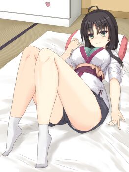 1girl absurdres ahoge arm_at_side bare_legs black_hair black_shorts blush breasts casual closed_mouth commentary_request day foreshortening full_body futon green_eyes hair_between_eyes hair_over_shoulder hand_up head_on_pillow heart highres hitachi_mako indoors japanese_clothes kimono knees_together_feet_apart knees_up large_breasts legs long_sleeves looking_at_viewer lying no_shoes official_alternate_costume on_back panties panty_peek pillow senren_banka shirayamakoma short_hair_with_long_locks shorts sleeves_rolled_up smile socks solo split_mouth striped_clothes striped_shorts thick_thighs thighs underwear variant_set vertical-striped_clothes vertical-striped_shorts white_kimono white_panties white_socks
