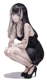 1girl absurdres alternate_costume ankle_strap armpit_crease bare_legs bare_shoulders black_dress black_hair black_shoes blue_eyes blunt_bangs bracelet breasts cleavage crossed_arms dhbwinner dress hashtag-only_commentary high_heels highres hime_cut hololive hololive_dev_is jewelry juufuutei_raden legs long_hair looking_at_viewer medium_breasts multicolored_hair necklace pink_lips revision shadow shoes simple_background sleeveless sleeveless_dress solo squatting strappy_heels two-tone_hair virtual_youtuber white_background white_hair