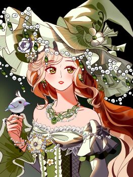 1girl absurdres ambird_(infinity_nikki) bare_shoulders bead_necklace beads belt bird bird_on_hand black_background black_belt black_dress bow bright_pupils brooch brown_hair center_frills chinese_commentary commentary_request dress earrings expressionless eyelashes facial_tattoo flower flower_button flower_tattoo frilled_headwear frilled_sleeves frills gem gradient_background green_background green_bow green_eyes green_flower green_gemstone green_hat green_pupils hat hat_bow hat_flower highres infinity_nikki jewelry layered_sleeves light_blush lipstick long_hair long_sleeves looking_to_the_side low_twintails makeup necklace nikki_(series) off-shoulder_dress off_shoulder open_mouth rainfall_&amp;_blossoms_(infinity_nikki) red_lips shanfengzhu short_over_long_sleeves short_sleeves sidelocks simple_background sleeve_bow solo striped_clothes striped_headwear tattoo teeth twintails two-sided_sleeves two-tone_background upper_body vertical-striped_clothes vertical-striped_headwear very_long_hair wavy_hair white_flower wide_sleeves witch witch_hat
