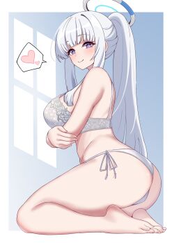 1girl arms_under_breasts ass barefoot blue_archive blush border bra breasts commentary_request halo heart highres large_breasts long_hair looking_at_viewer nanao_(naoekaki25) noa_(blue_archive) panties purple_eyes seiza side-tie_panties sitting smile soles solo spoken_heart toes underwear very_long_hair white_border white_bra white_hair white_panties