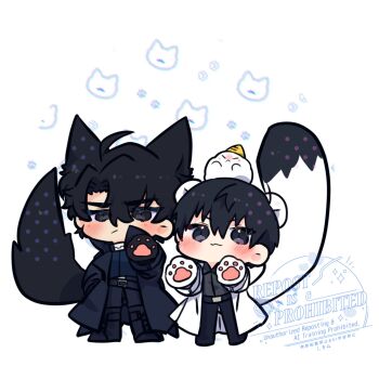 2boys :/ animal animal_ears animal_hands animal_on_head biyoo_(omniscient_reader&#039;s_viewpoint) black_coat black_eyes black_hair black_shirt blush cat_ears cat_tail coat collared_shirt double-parted_bangs gloves hair_between_eyes highres kemonomimi_mode kim_dokja kimidori_22 looking_at_viewer male_focus mouse_ears mouse_tail multiple_boys omniscient_reader&#039;s_viewpoint on_head open_clothes open_coat paw_gloves popped_collar shirt short_hair smile tail white_coat yoo_joonghyuk