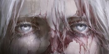 1girl artist_name blood bloodborne commentary eye_focus grey_eyes grey_hair hair_between_eyes highres jlien- lady_maria_of_the_astral_clocktower long_hair solo watermark wet