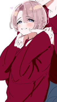 1boy 1girl arimura_mao asymmetrical_bangs blush commentary_request eyes_out_of_frame fingernails gakuen_idolmaster head_out_of_frame heart hetero highres idolmaster kasasagi_(futagodori888) long_sleeves looking_at_viewer matching_outfits pink_hair producer_(idolmaster) red_shirt shirt short_hair simple_background smile solo_focus white_background