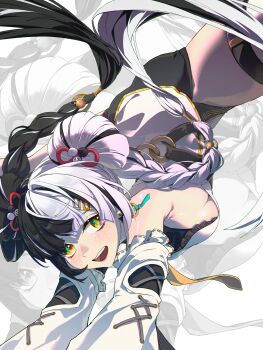 1girl absurdres bare_shoulders black_hair black_shorts blush braid braided_twintails breasts china_dress chinese_clothes commentary_request detached_sleeves dialyn_(zenless_zone_zero) dress earrings hair_extensions hair_ornament hairclip hakusama233 highres jewelry long_hair looking_at_viewer medium_breasts multicolored_hair necktie open_mouth panda_hair_ornament ring_hair_extensions shorts sideboob simple_background solo sparkling_eyes split-color_hair thighhighs white_background white_dress white_hair white_thighhighs yellow_eyes yellow_necktie zenless_zone_zero zoom_layer