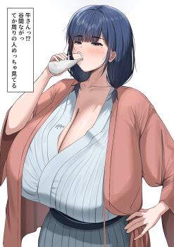1girl blue_eyes blue_hair blunt_bangs blush bottle breasts cleavage drinking drinking_milk gigantic_breasts hair_over_shoulder hand_on_own_hip highres holding holding_bottle jacket japanese_clothes japanese_text kimono low_twintails medium_hair milk_bottle mmm_(mmm22) mole mole_on_breast mole_under_eye obi open_clothes open_jacket original pink_jacket sash short_twintails solo toudou_(omiseyasan_22) twintails yukata