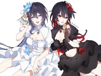 2girls black_corset black_gloves black_hair black_shrug black_skirt blue_eyes blue_hair breasts cleavage colored_inner_hair corset cupcake dress dual_persona flower food gloves hair_flower hair_ornament hashtag-only_commentary highres holding holding_food honkai_(series) honkai_impact_3rd looking_at_viewer medium_breasts midriff multicolored_hair multiple_girls navel oldsprout1108 open_mouth red_eyes red_hair seele_(alter_ego) seele_vollerei seele_vollerei_(herrscher_of_rebirth) shrug_(clothing) simple_background skirt smile twitter_username two-tone_hair white_background white_dress
