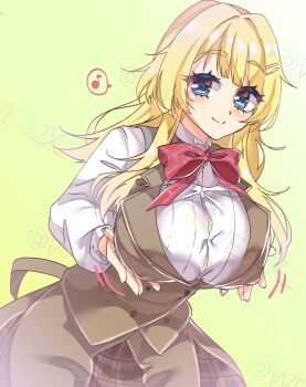 1girl alternate_breast_size_(larger) blonde_hair blue_eyes blunt_bangs blush bow bowtie breasts brown_skirt brown_vest button_gap buttons closed_mouth commentary_request cowboy_shot double-breasted dutch_angle eyelashes fuyukichi_(nikoniko1567) grabbing_own_breast green_background hair_intakes hair_ornament hairclip highres large_breasts limelight_lemonade_jam long_hair long_sleeves looking_at_viewer motion_lines musical_note parallel_hairclips plaid_clothes plaid_skirt presenting_breasts red_bow red_bowtie school_uniform shimakoshi_tsukimi shirt simple_background skirt smile solo speech_bubble spiked_hair split_mouth spoken_musical_note thick_eyebrows twitter_username vest watermark white_shirt
