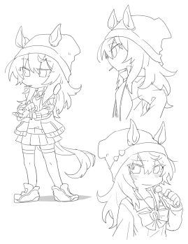 1girl animal_ears beanie beer_hsk blush bow candy closed_mouth collared_shirt ears_through_headwear food gym_shirt hair_between_eyes hat highres holding holding_candy holding_food holding_lollipop horse_ears horse_girl horse_tail jacket lollipop long_hair multiple_views nakayama_festa_(umamusume) open_clothes open_jacket school_uniform shirt shoes simple_background smile standing tail thighhighs tracen_school_uniform track_jacket umamusume very_long_hair white_background