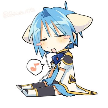 Rule 34 | 1girl, angel wing uniform, animal ears, black thighhighs, blue bow, blue dress, blue hair, blush stickers, bow, brooch, closed eyes, dress, earphones, extra ears, galaxy angel, highres, jacket, jewelry, listening to music, military uniform, mint blancmanche, musical note, nm shirasu, open mouth, puffy short sleeves, puffy sleeves, rabbit ears, short hair, short sleeves, sitting, solo, spoken musical note, thighhighs, twitter username, white background, white jacket