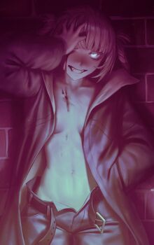 1girl absurdres belt blood blood_on_face blue_eyes blunt_bangs braid braided_hair_rings breasts brick_wall coat commentary english_commentary fangs glowing glowing_eyes grin hair_rings hand_in_pocket hand_on_own_face hand_on_own_head hand_over_eye highres looking_at_viewer medium_breasts naked_coat nanakusa_nazuna_(yofukashi_no_uta) navel numanoan one_eye_closed open_belt open_clothes open_fly pants partially_unzipped ringed_eyes sidelocks small_breasts smile solo standing stomach toned toned_female vampire yofukashi_no_uta