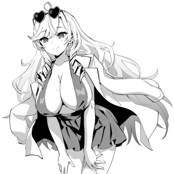 1girl ahoge algerie_(azur_lane) arm_at_side arm_behind_head azur_lane azur_lane:_slow_ahead blush breasts collared_jacket commentary cowboy_shot cropped_legs downblouse dress drill_hair drill_sidelocks extended_downblouse eyewear_on_head frilled_dress frills from_side greyscale hair_between_eyes halter_dress halterneck hands_on_own_thighs heart heart-shaped_eyewear hori_(hori_no_su) jacket jacket_on_shoulders large_breasts leaning_forward legs_together long_hair long_sleeves mole mole_on_breast mole_under_eye monochrome no_bra official_alternate_costume official_art parted_lips plunging_neckline short_dress sideboob sidelocks simple_background smile solo standing sunglasses thighs very_long_hair wavy_hair white_background wind wing_collar