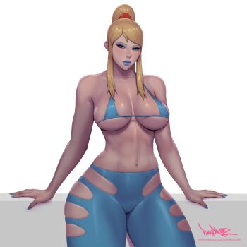 Rule 34 | 1girl, alternate costume, blonde hair, blue bra, blue eyes, blue eyeshadow, blue leggings, blue lips, blue nails, bra, breasts, collarbone, eyeshadow, large breasts, latex, leggings, long hair, makeup, mole, mole under mouth, navel, original, pinkdrawz, ponytail, samus aran, sidelocks, solo, toned, underwear, white background