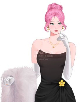 1girl alternate_costume alternate_hairstyle artist_name black_dress breasts cleavage commentary commission commissioner_name cowboy_shot dress dress_flower earrings elbow_gloves english_commentary finger_to_face flower flower_earrings flower_necklace fur_shawl gloves gold_earrings gold_necklace gold_ring green_eyes hair_bun haruno_sakura heart_ring highres jewelry looking_to_the_side medium_breasts naruto_(series) necklace parted_bangs parted_lips pink_hair shawl simple_background single_hair_bun sleeveless sleeveless_dress strapless strapless_dress tenartistt watermark white_background white_gloves white_shawl yellow_flower