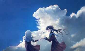2girls black_hair brown_dress ceras_yanagida_lilienfeld cloud commentary cumulonimbus_cloud dress floating_hair grey_hair hair_ornament hasu_no_sora_school_uniform highres jellyfish_cut katsuragi_izumi link!_like!_love_live! long_hair long_sleeves looking_at_another love_live! medium_dress multiple_girls neckerchief orange_eyes photo_background pleated_dress sailor_collar sailor_dress school_uniform symbol-only_commentary taking_another&#039;s_hand triangle_hair_ornament turtleneck virtual_youtuber white_sailor_collar winter_uniform yellow_neckerchief yrxy_settingsun